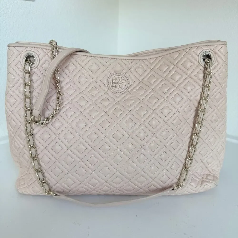 TORY BURCH Quilted Leather Chain Tote Bag Pink Shoulder Purse Classic‎ Luxury